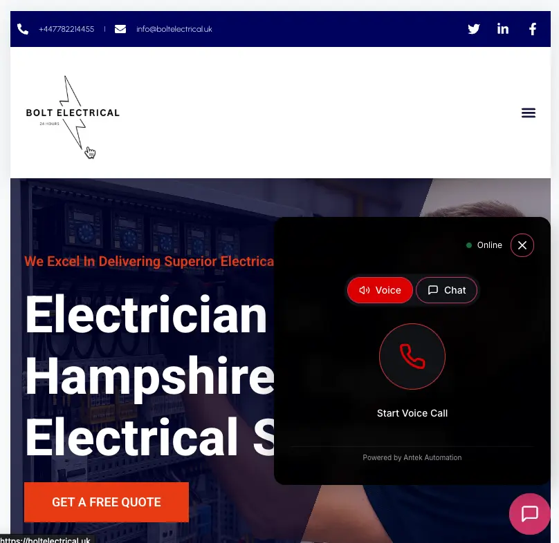 A live UK client site with the AI chat receptionist widget open, showing voice and chat tabs