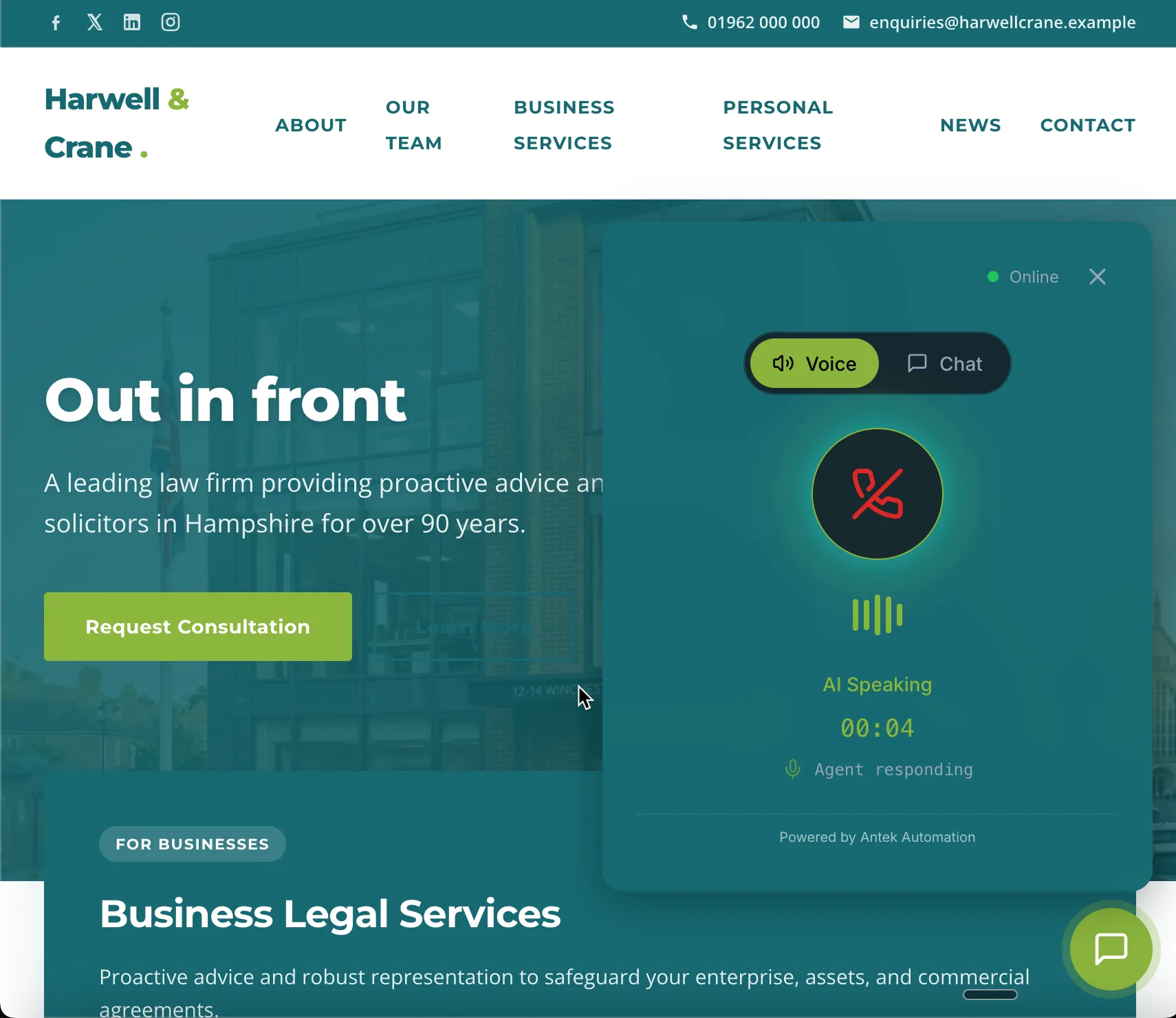 A live UK law-firm site with the AI legal receptionist widget open, showing voice and chat tabs