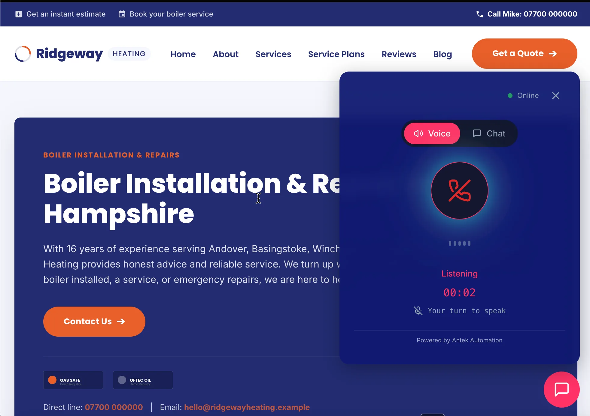 A live UK plumbing site with the AI receptionist widget open, showing voice and chat tabs